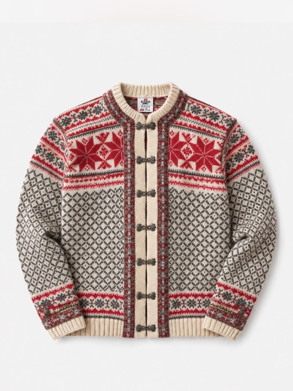 Voss Authentic Norwegian Wool Knit Cardigan Sweater w/ Metal Front Clasps, Red